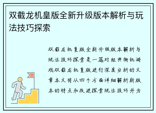 双截龙机皇版全新升级版本解析与玩法技巧探索