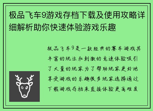 极品飞车9游戏存档下载及使用攻略详细解析助你快速体验游戏乐趣